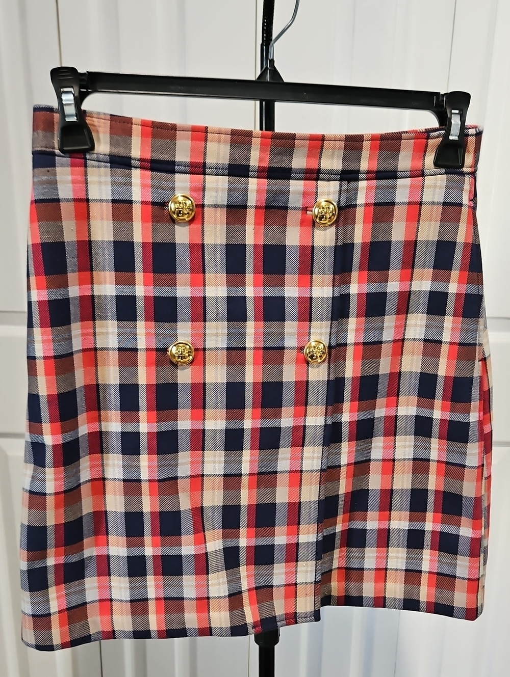 Sz 6 - Tory Burch Navy, Red & Cream Plaid Double-Breasted Mini Skirt